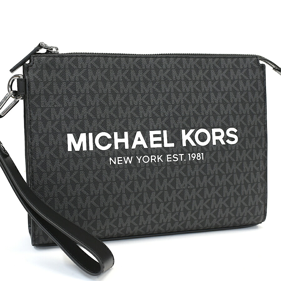【中古】新品同様 マイケルコース COOPER ポーチ ラージ クラッチバッグ ストラップ MKシグネチャー ブラック MICHAEL KORS [美品][送料無料]