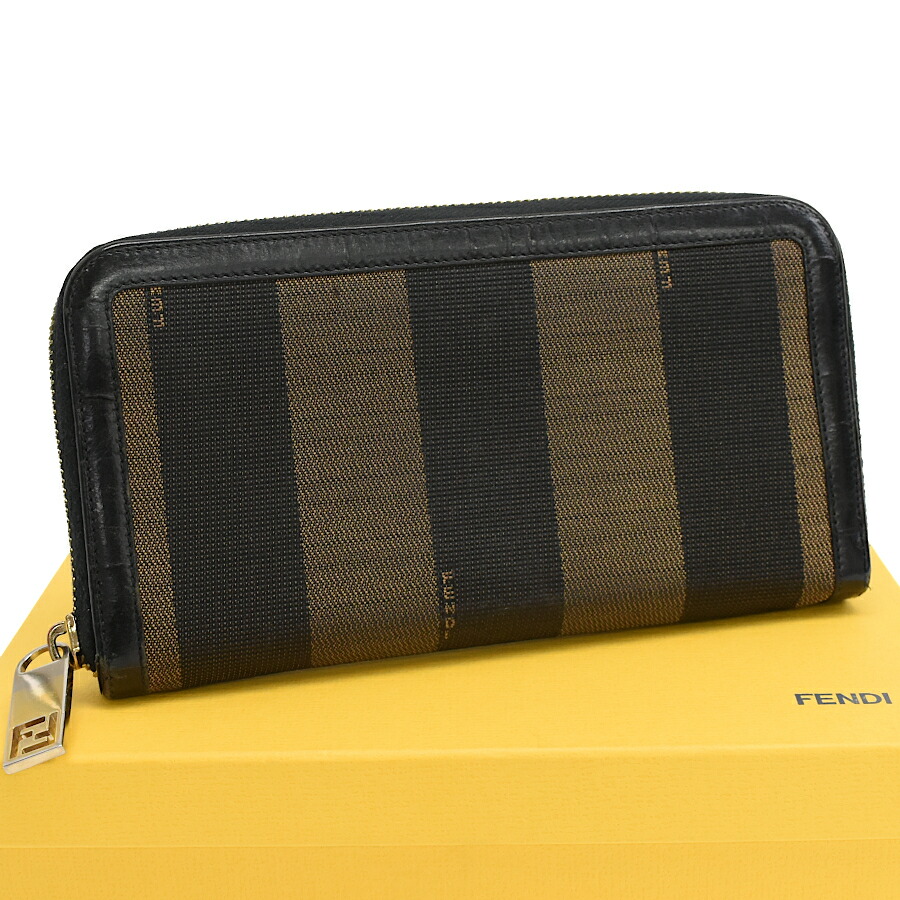【中古】フェンディ ペカン ストライプ ジップアラウンド 長財布 8M0024 ブラウン ブラック FENDI [送料無料]
