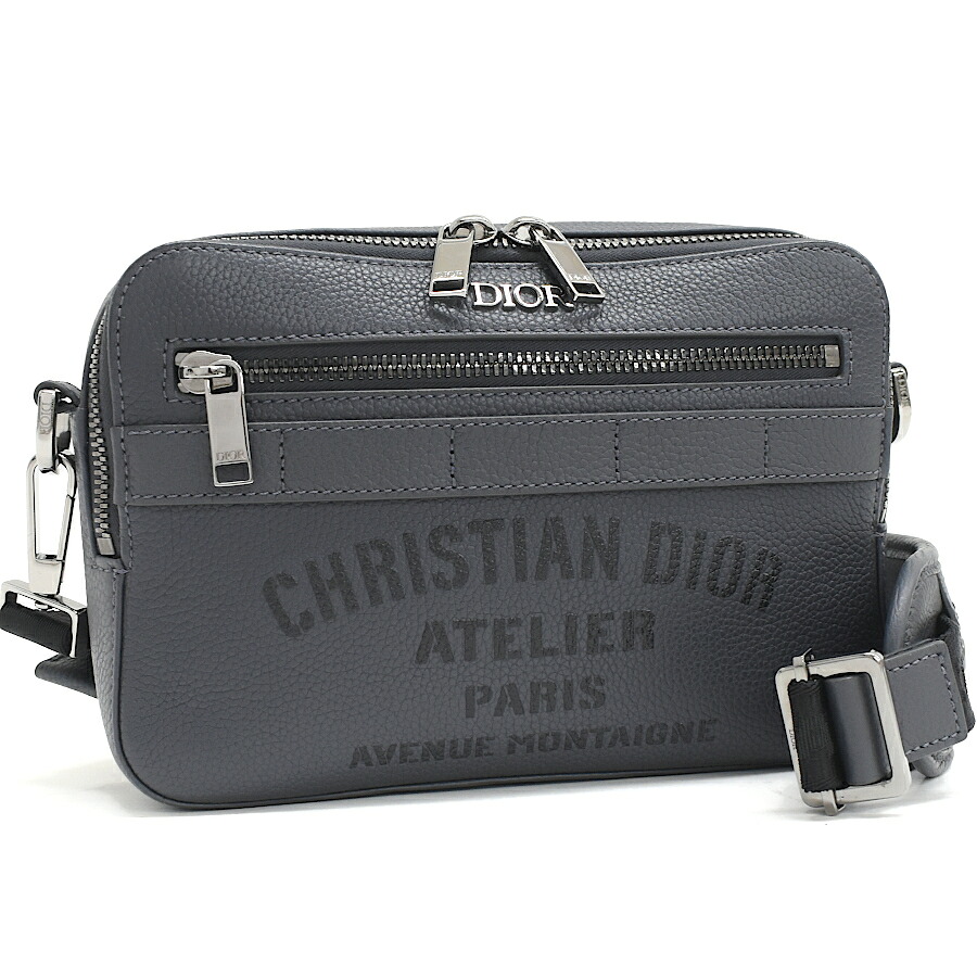 【中古】新品同様 ディオール アトリエロゴ Safari バッグ 2way クロスボディ ショルダーバッグ レザー グレー Christian Dior [美品][送料無料]