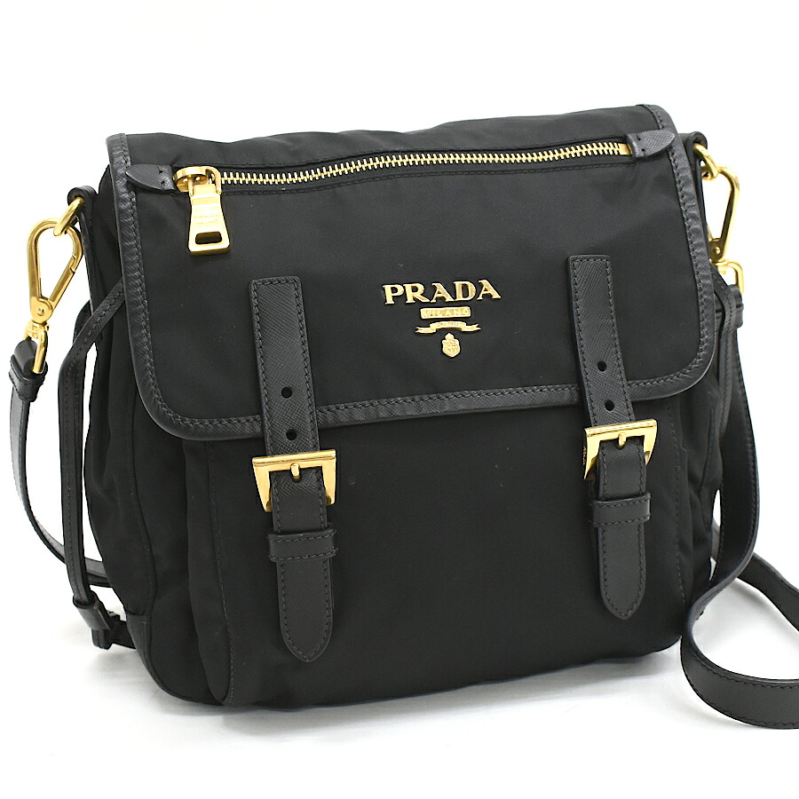 【百貨店SALE】【中古】プラダ はりつけ台上半身 ショルダーバッグ テスートナイロン ネロ 黒いこと ゴールド金具 PRADA [美品][貨物輸送無料]
