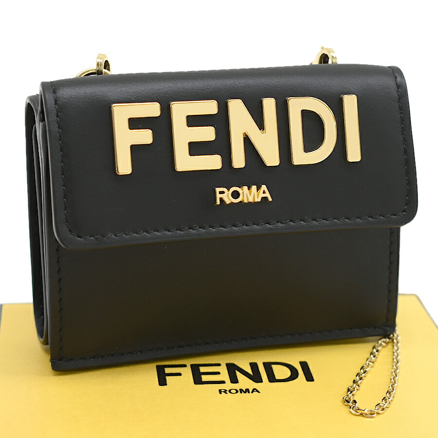 【中古】未当て嵌める品 フェンディ MICRO TRFOLD WITH CHAIN 三つ折り紙入れ 8M0481 Vitello Kyoto なめし革 黒いこと ゴールド金具 FENDI [美品][貨物輸送無料]