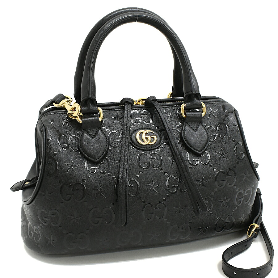 【中古】新品同様 グッチ ミディアム 2way ハンドバッグ 675773 GGエンボス スター レザー ブラック ダブルG GUCCI[美品][送料無料]｜ブランドリサイクルストアスマイル