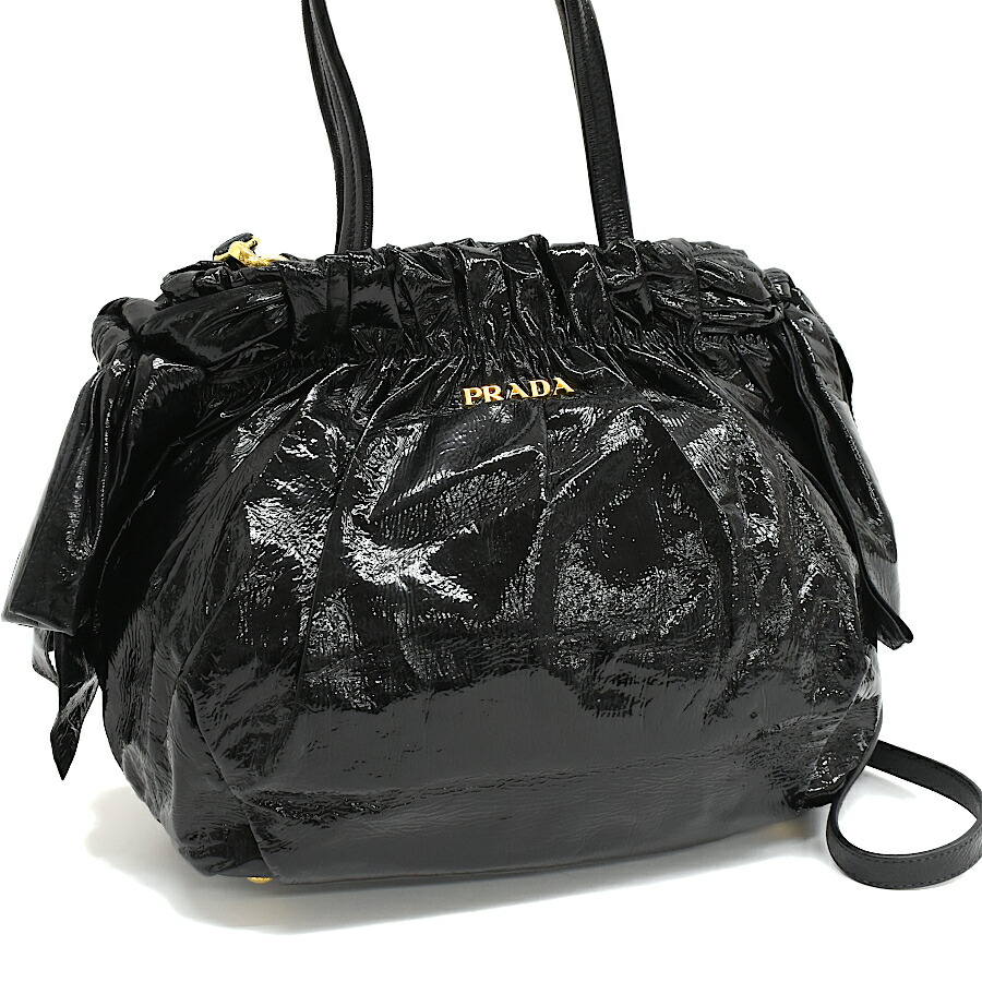 【中古】プラダ 2way トートバッグ サイドリボン BN1760 パテントレザー ブラック ゴールド金具 PRADA[美品][送料無料]