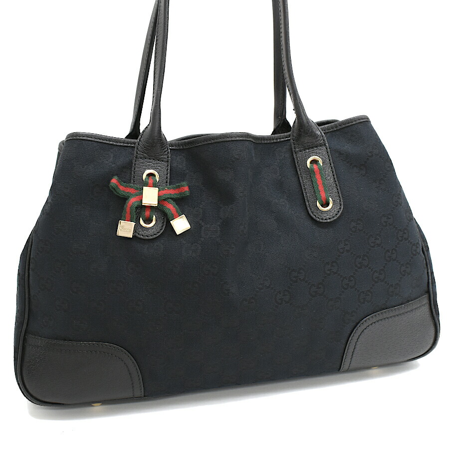 【中古】グッチ プリンシー トートバッグ 163805 GGキャンバス レザー ブラック ウェブ シェリーライン リボン GUCCI [送料無料]