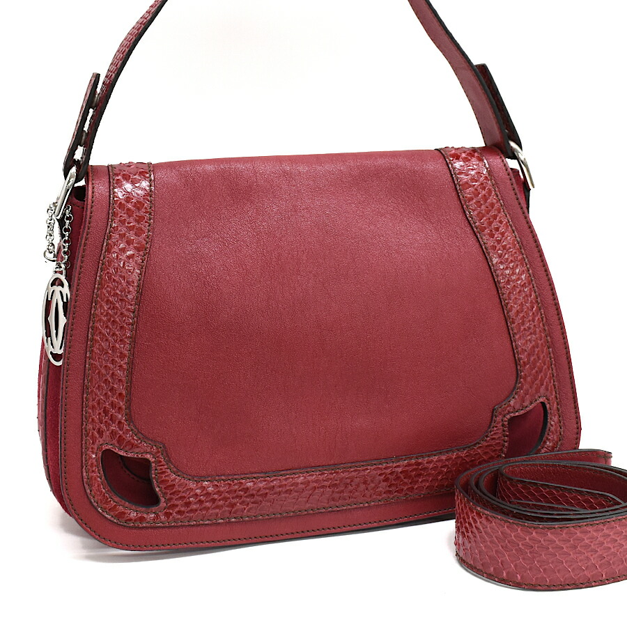 【中古】カルティエ サドルバッグM 2way ショルダーバッグ L1001341 マルチェロ レザー パイソン レッド Cartier Marcello de Cartier[美品][送料無料]