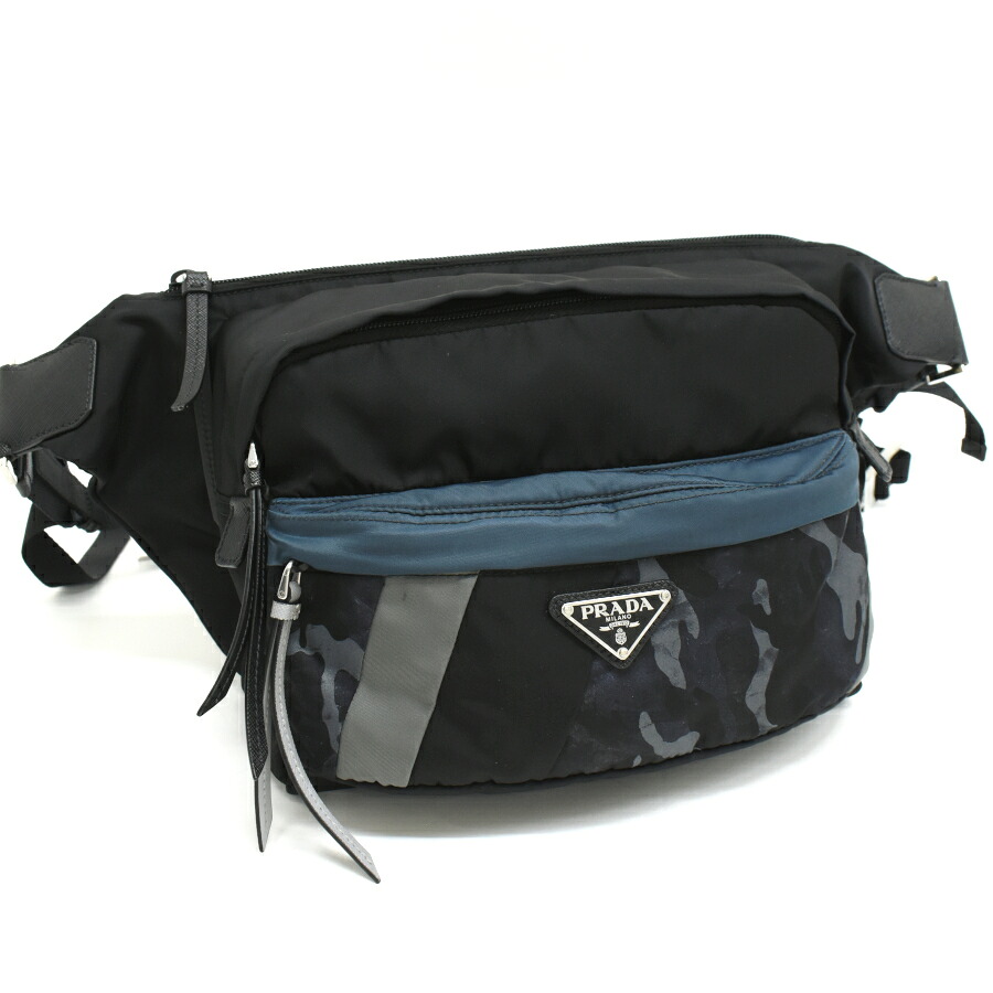 【中古】プラダ 差し交わす上半身 上半身御徒面子 2VH038 TESSUTO PATCH テスートナイロン 黒いこと 青色 化けの皮 トライアングルロゴプレート PRADA[美品][貨物輸送無料]