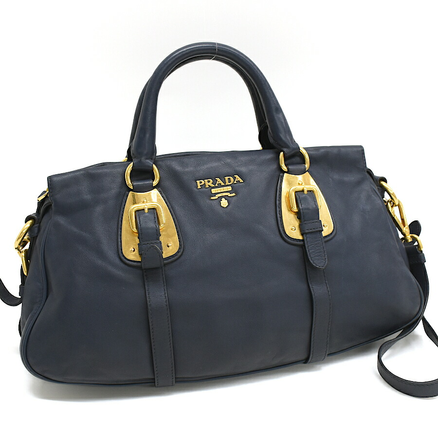 【中古】プラダ 2way ハンドバッグ レザー ネイビー ゴールド金具 PRADA[送料無料]
