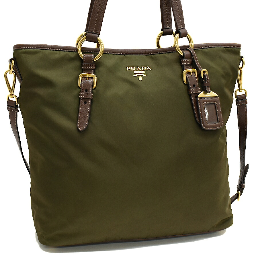【中古】プラダ 2way トートバッグ BR4365 TESSUTO VITELLO DAINO テスートナイロン カーキグリーン ゴールド金具 PRADA[美品][送料無料]