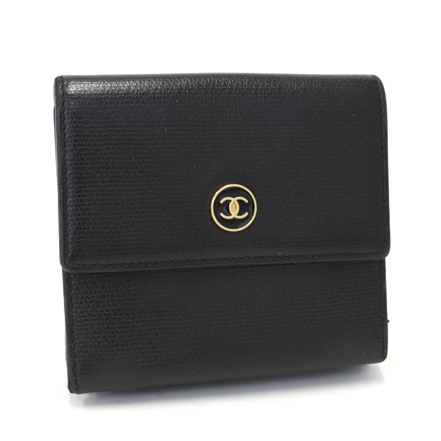 【中古】シャネル 三つ折り財布 Wホック ココボタン レザー ブラック CHANEL [送料無料]