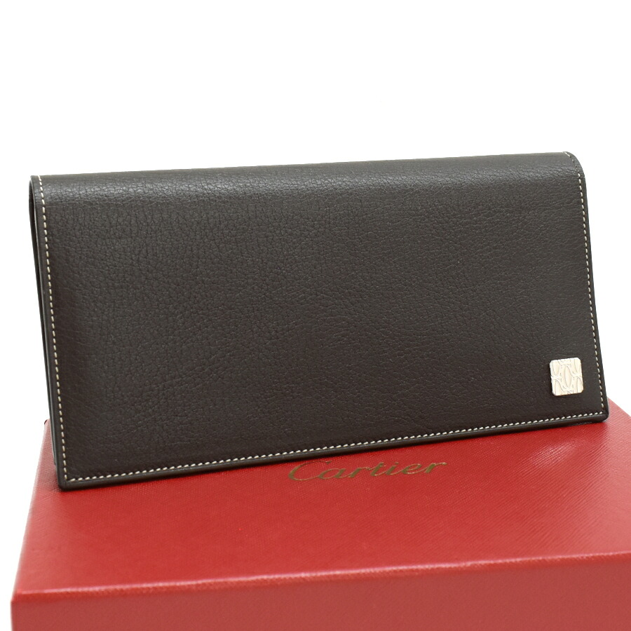 【中古】カルティエ 二つ折り長札入れ L3000701 なめし革 まっ黒い赤銅色 Cartier[美品][貨物輸送無料] メンズ財布-バッグ・小物・ブランド雑貨-財布・ケース