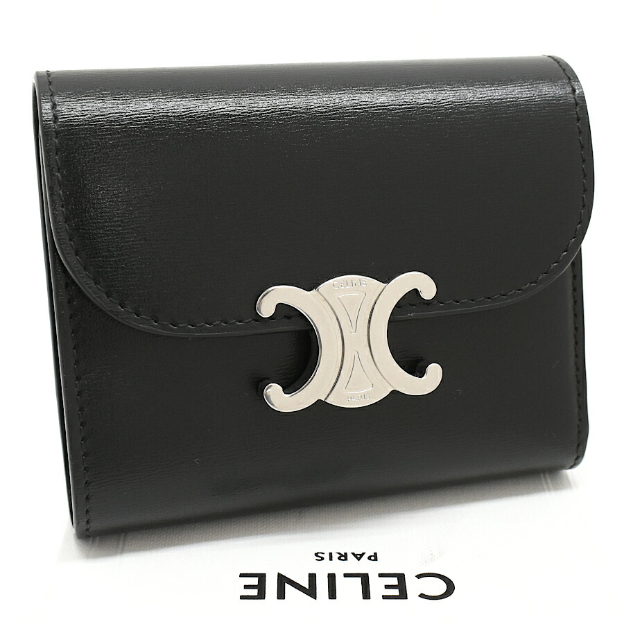新品未使用品✨CELINE セリーヌ　二つ折り財布　トリオンフ　レザー　ブラック CELINE セリーヌ 二つ折り財布 TRIOMPHE COMPACT WALLET