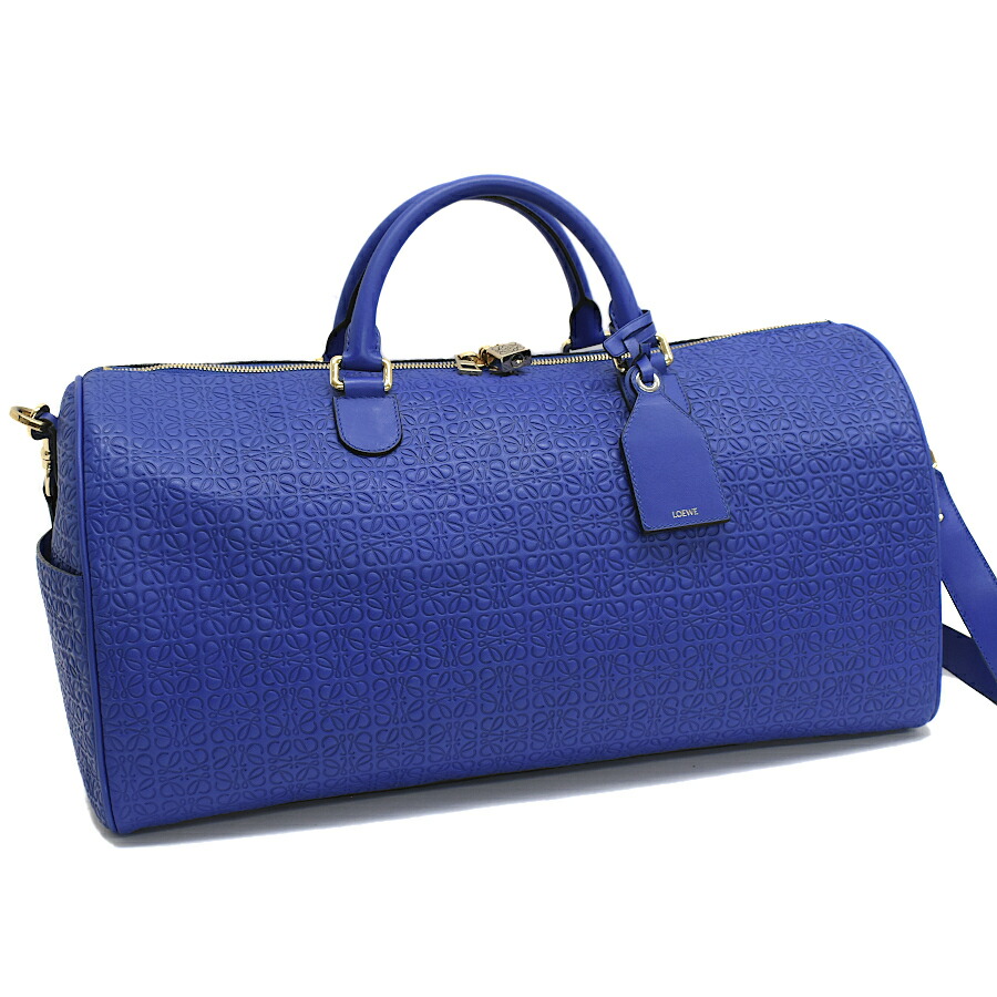 【中古】ロエベ ボストンバッグ 2way リピートアナグラム なめし革 青緑色 ゴールド金具 LOEWE [美品][貨物輸送無料]