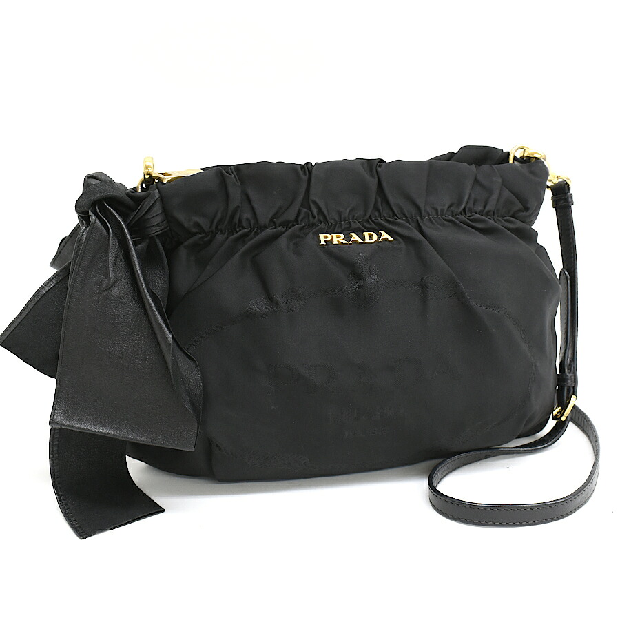 【中古】プラダ クロスボディ ショルダーバッグ ナイロンジャガード レザー リボン ゴールド金具 PRADA[送料無料]