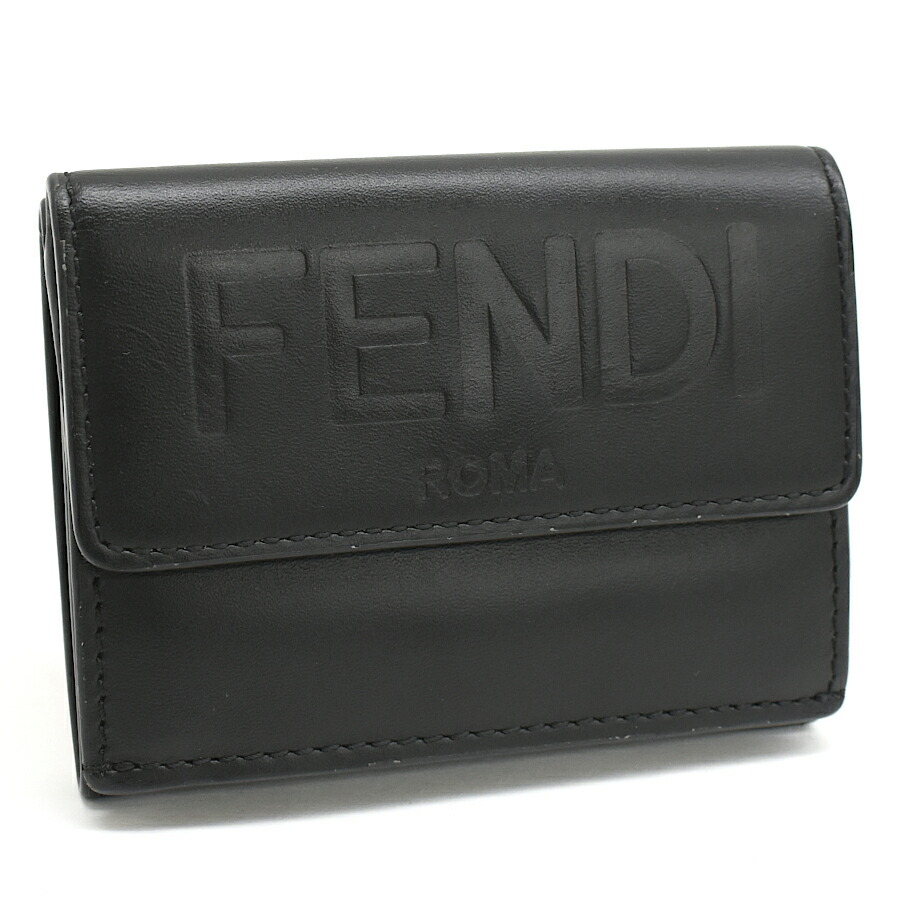 【中古】新品同様 フェンディ 三つ折り財布 コンパクトウォレット レザー ブラック FENDI [美品][送料無料]