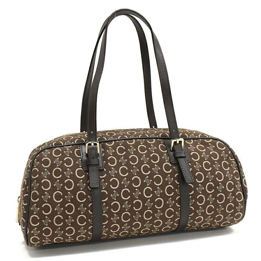 【中古】セリーヌ ハンドバッグ Cマカダム ジャガード キャンバス レザー ブラウン ゴールド金具 CELINE[送料無料]
