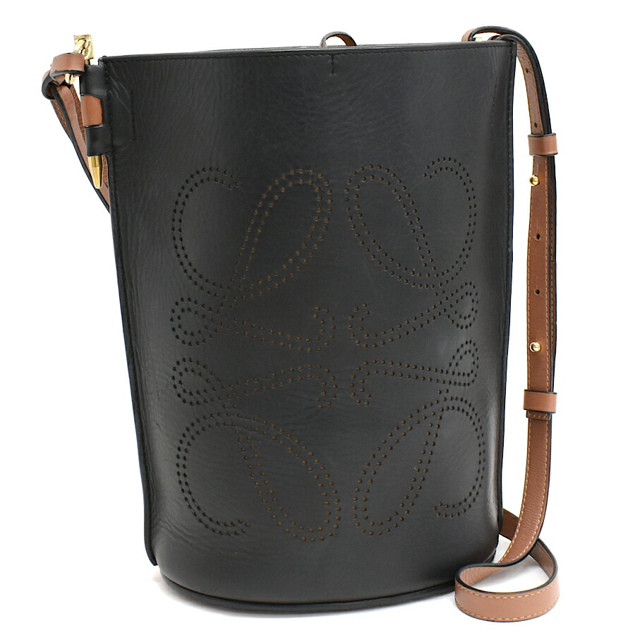 【中古】ロエベ ゲート バッグ バケット ショルダーバッグ パーフォレーテッド アナグラム レザー ブラック ブラウン LOEWE[美品][送料無料]