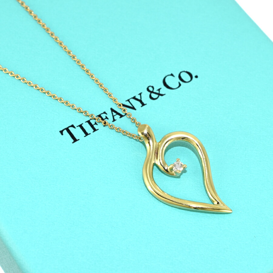 【中古】新品同様 ティファニー オープン リーフ ペンダント ネックレス K18イエローゴールド 1P ダイヤモンド TIFFANY&CO. [美品][送料無料]