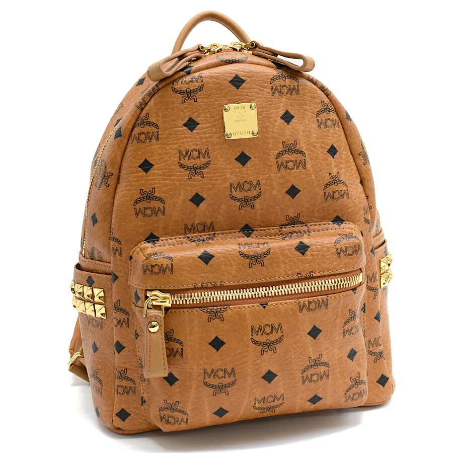 【中古】新品負けず劣らず MCM Stark サイドスタッズ うしろ側容器に並べる スモール 背嚢 MMK3AVE37CO001 ヴィセトス コーテッド帆布 なめし革 コニャック ピラミッドスタッズ エムシーエム スターク[美品][貨物輸送無料]