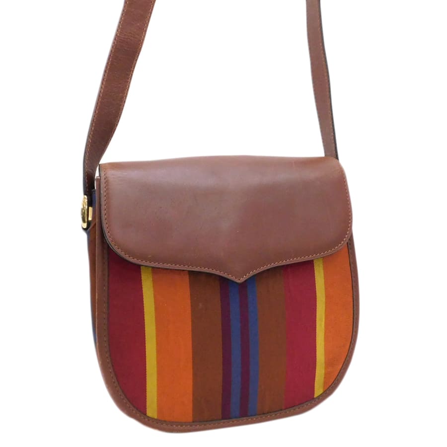 【中古】セリーヌ ショルダーバッグ クロスボディ ストライプ キャンバス レザー ブラウン マルチカラー ヴィンテージ CELINE [送料無料]