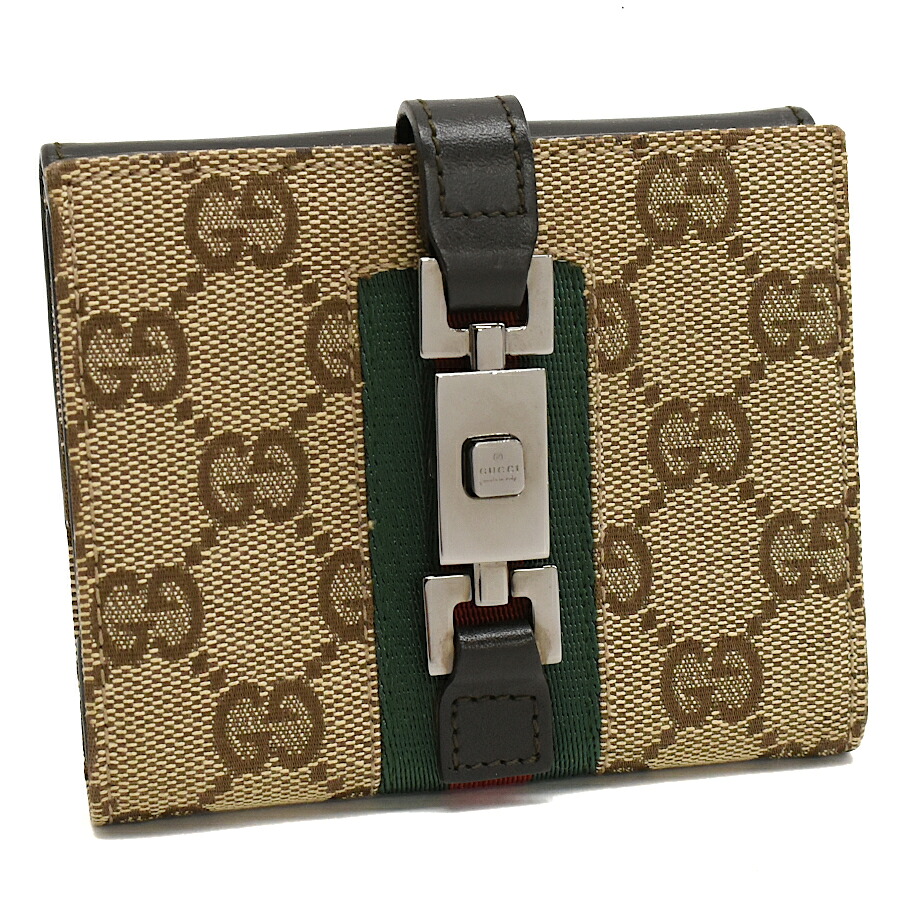 【中古】グッチ 二つ折り財布 05470 ジャッキー GGキャンバス シェリーライン ベージュ ダークブラウン シルバー金具 GUCCI[美品][送料無料]