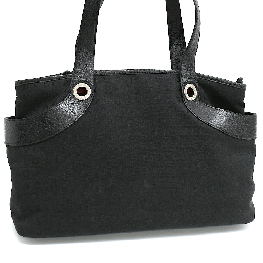 【中古】ブルガリ ロリータ トートバッグ 22780 キャンバス レザー ブラック ロゴマニア シルバー金具 BVLGARI Lolita Tote[美品][送料無料]