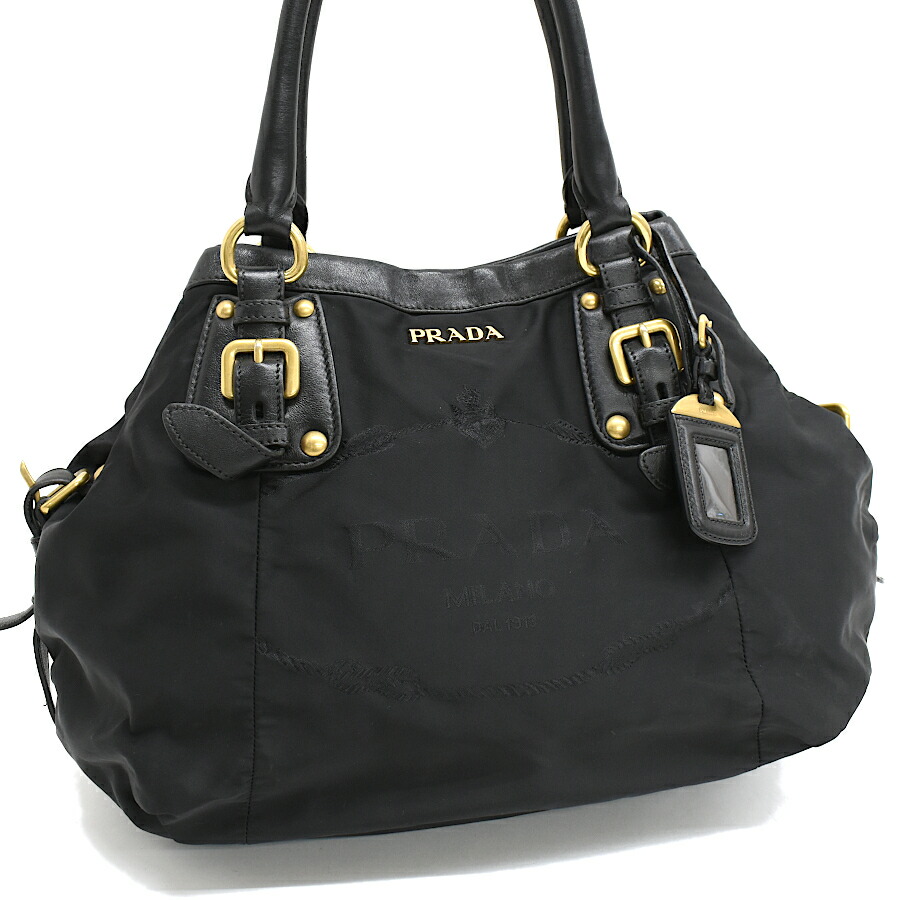 【中古】プラダ ハンドバッグ ナイロン レザー ブラック エンブロイダリーロゴ ゴールド金具 PRADA[美品][送料無料]