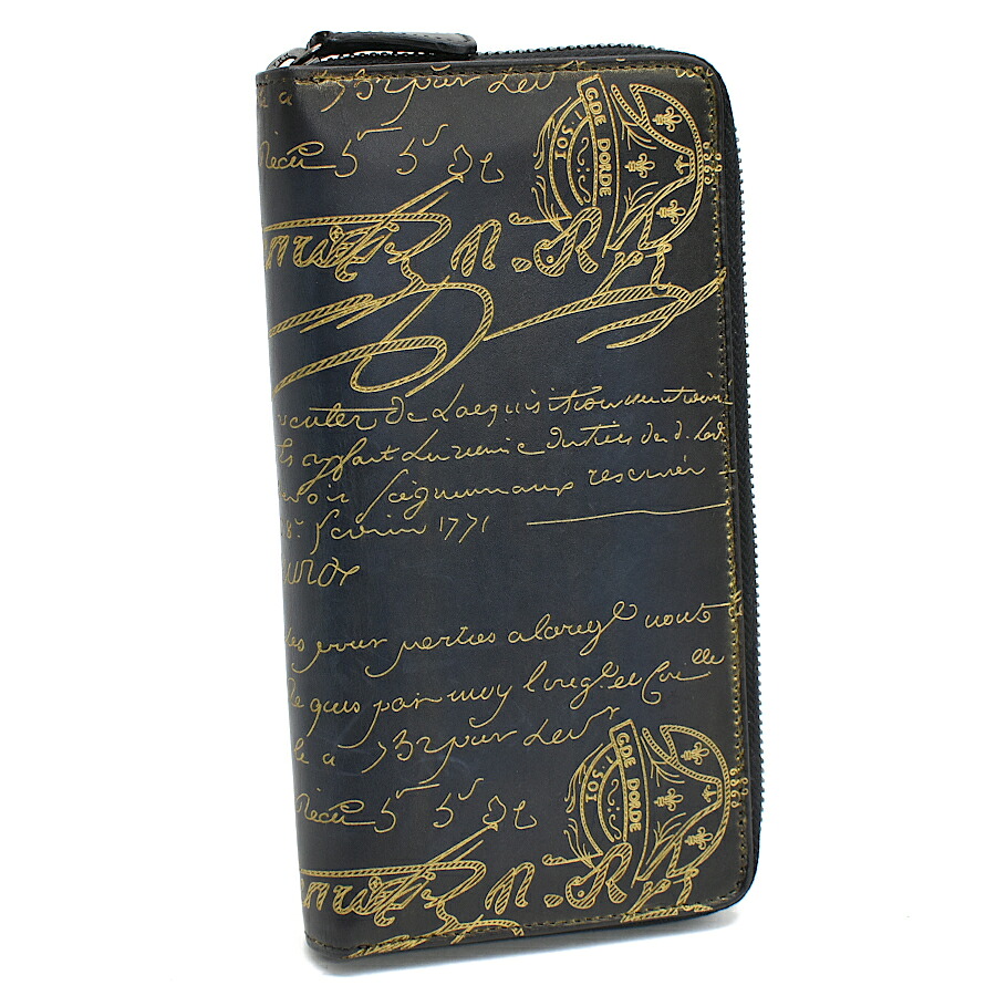 【中古】ベルルッティ ロングウォレット ラウンドチャック 縦型 長札入れ スクリット カリグラフィ ヴェネチアレザー 米国海軍 ゴールド BERLUTI[貨物輸送無料]