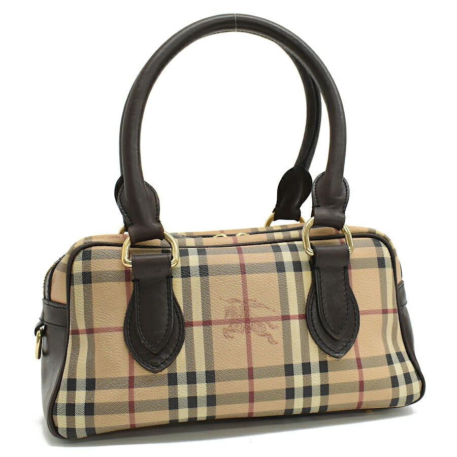 【中古】バーバリー ミニボストン ハンドバッグ ノバチェック PVC レザー ベージュ ダークブラウン ゴールド金具 BURBERRY[送料無料]
