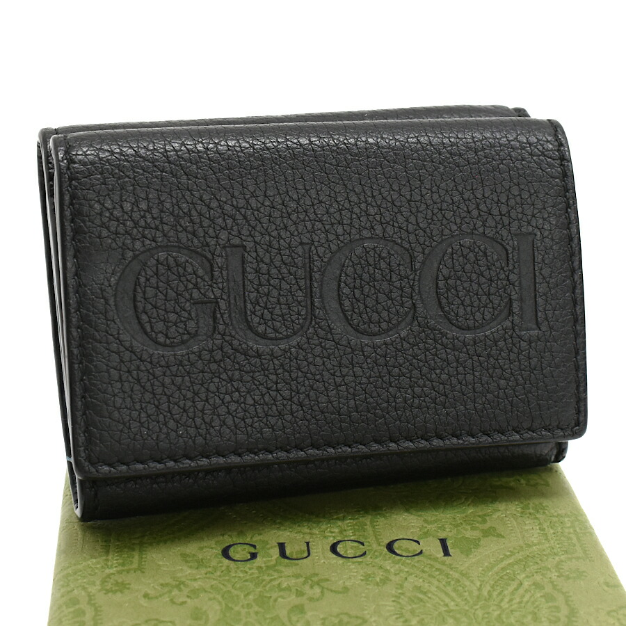 【中古】グッチ コンパクトウォレット 三つ折り財布 736151 エンボス ロゴ レザー ブラック ゴールド金具 GUCCI[美品][送料無料]