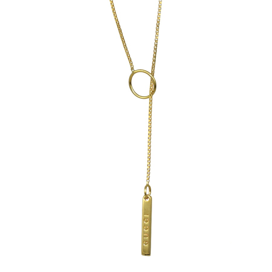 【中古】新品同様 グッチ ラリアット ネックレス K18イエローゴールド ロゴ バー ベネチアンチェーン ジュエリー GUCCI[美品][送料無料]