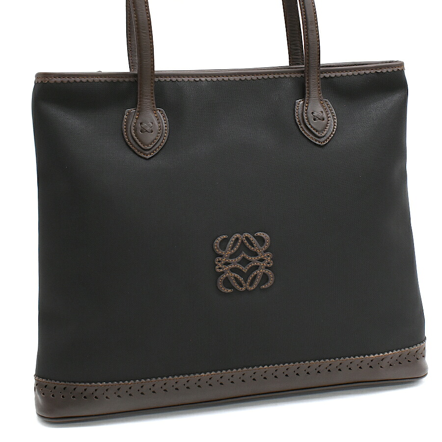 【中古】ロエベ ショルダー トートバッグ アナグラム キャンバス レザー ダークブラウン ゴールド金具 LOEWE[美品][送料無料]