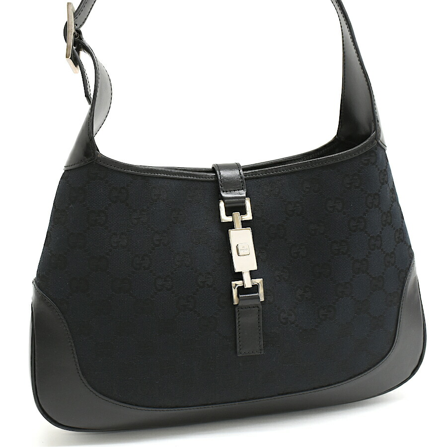 【中古】グッチ ジャッキー 肩先 ハンドバック 001.3306 GG帆布 黒いこと なめし革 しろがね色金具 GUCCI Jackie[美品][貨物輸送無料]