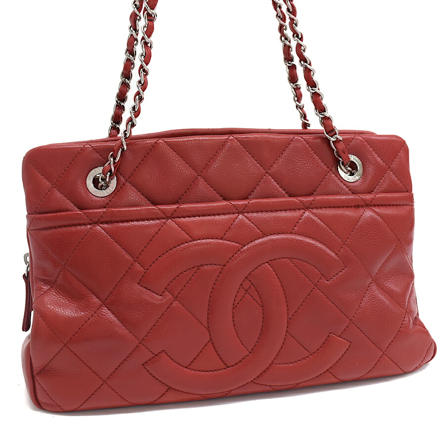 【中古】シャネル チェーンショルダーバッグ マトラッセ キャビアスキン ココマーク レッド シルバー金具 CHANEL[送料無料]