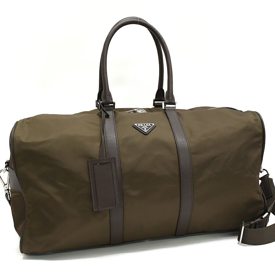 【中古】プラダ 2way ボストンバッグ V20S TESSUTO SAFFIANO テスートナイロン カーキ トライアングルロゴプレート PRADA[送料無料]