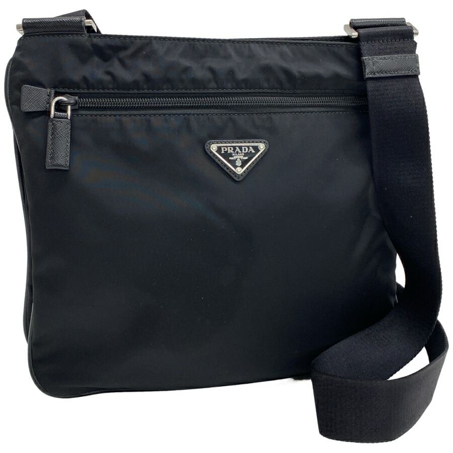 【中古】プラダ Re-Nylon はりつけ台上半身 ショルダーバッグ 2VH563 リナイロン TESSUTO SAFFIANO ネロ 黒いこと しろがね色金具 トライアングルロゴプレート PRADA[貨物輸送無料]