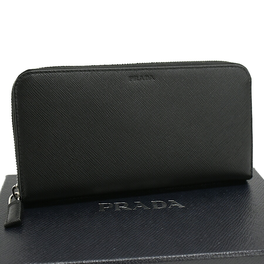 【中古】新品負けず劣らず プラダ ラウンドジッパー 長紙入れ 2ML317 SAFFIANO なめし革 ネロ 黒いこと しろがね色金具 PRADA[美品][貨物輸送無料]