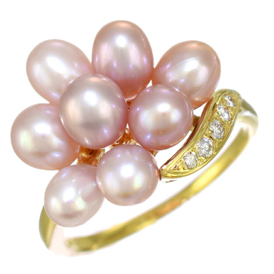 【中古】新品同様 ミキモト 13号 リング 指輪 K18イエローゴールド パール 真珠 ダイヤモンド MIKIMOTO [美品][送料無料]