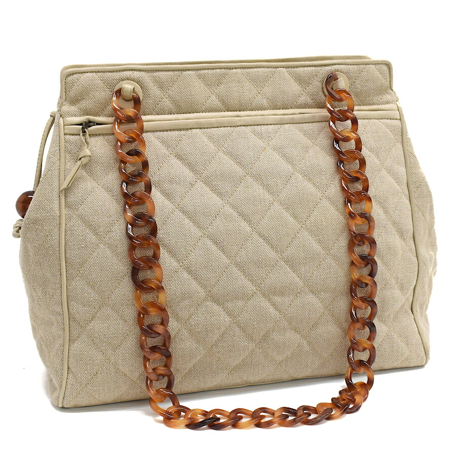 【中古】シャネル プラチェーンショルダーバッグ 肩掛け キルティング リネン レザー ベージュ CHANEL [送料無料]