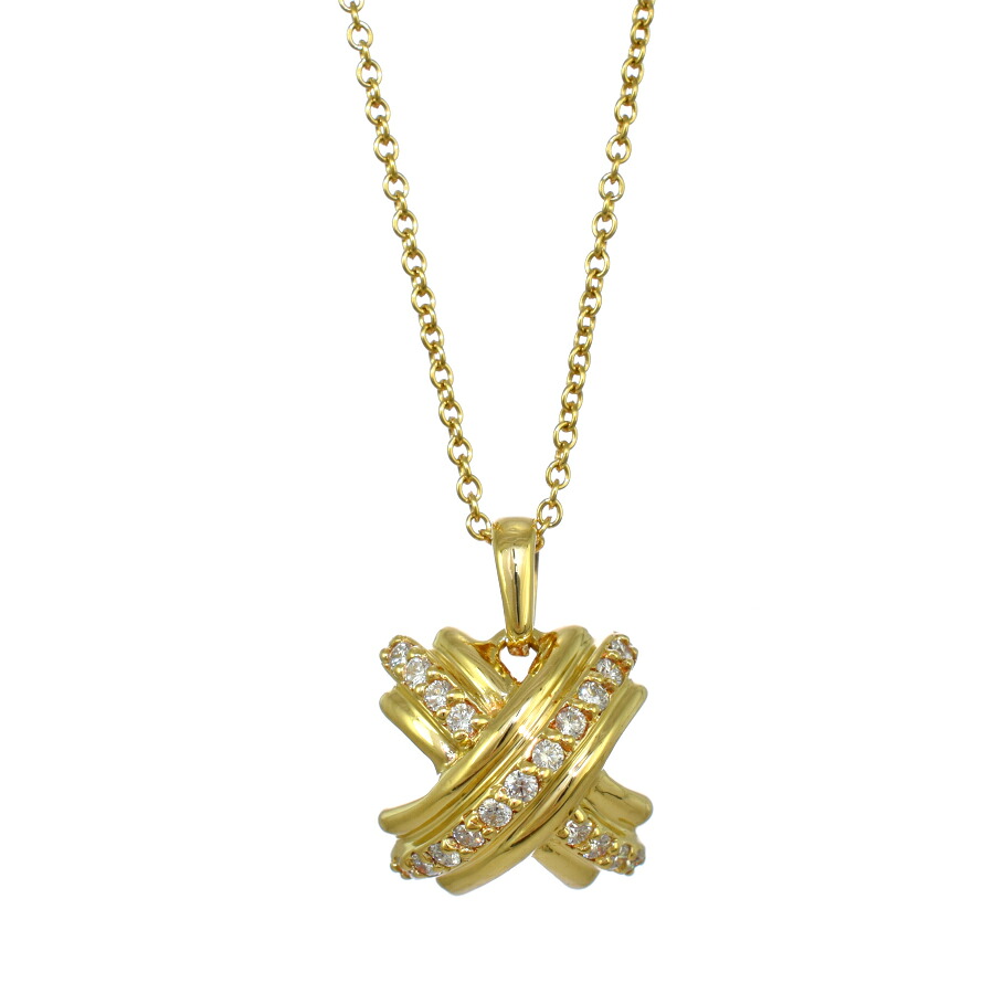 【中古】新品同様 ティファニー シグネチャー クロス ペンダント ネックレス K18イエローゴールド ダイヤモンド TIFFANY&CO. [美品][送料無料]