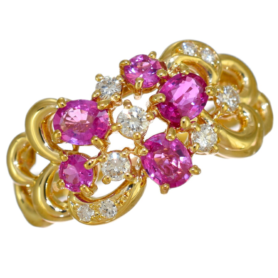 【中古】新品同様 タサキ 13号 リング 指輪 K18イエローゴールド ピンクサファイア ダイヤモンド 0.15ct TASAKI [美品][送料無料]