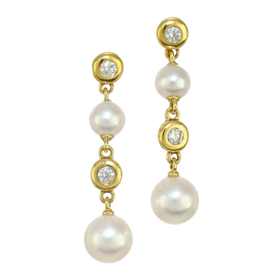 【中古】新品同様 ミキモト ドロップ ピアス K18イエローゴールド パール ダイヤモンド 両耳用 スタッド MIKIMOTO [美品][送料無料]