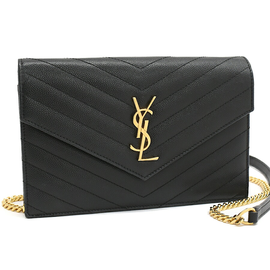 【中古】サンローランパリ 状ぶくろ マトラッセ チェーンウォレット 393953 カサンドラ YSL シェブロン なめし革 黒いこと ゴールド金具 SAINT LAURENT PARIS[美品][貨物輸送無料]
