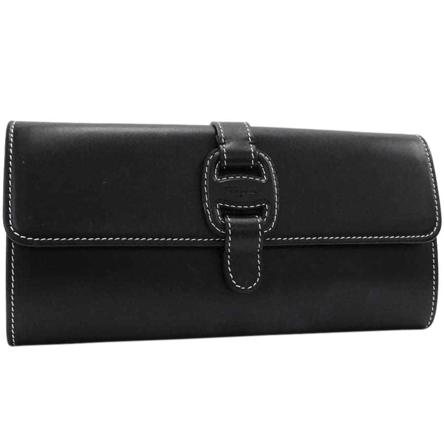 【中古】フェラガモ ガンチーニ 長財布 ブラック系 レザー 二つ折り フラップ 式 インターロッキング ステッチ Salvatore Ferragamo[送料無料]｜ブランドリサイクルストアスマイル