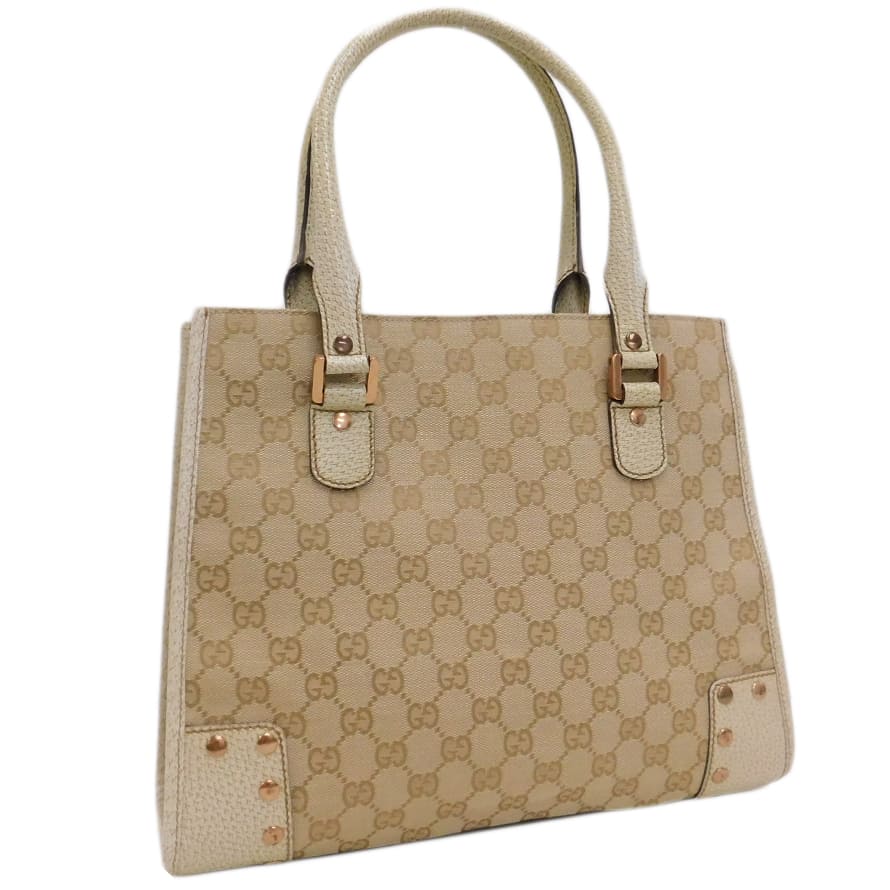 【中古】新品同様 グッチ トートバッグ ベージュ系 キャンバス&times;レザー GGキャンバス 124260 GUCCI [送料無料]｜ブランドリサイクルストアスマイル