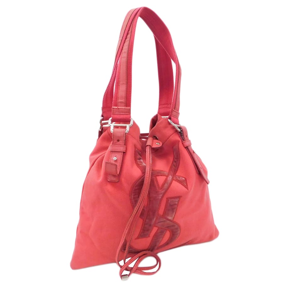 【中古】イヴサンローラン 巾着トートバッグ ピンク系 キャンバス&times;ベロア お洒落 お出掛け Yves Saint Laurent [送料無料]｜ブランドリサイクルストアスマイル