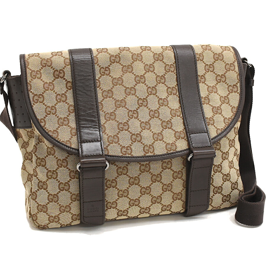 【百貨店SALE】【中古】グッチ ショルダーバッグ 145859 GG帆布 なめし革 ベージュ×うす暗い赤銅色 しろがね色金具 GUCCI[貨物輸送無料]