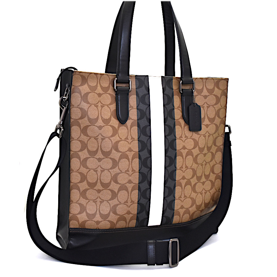 【中古】コーチ 2WAYバッグ ショルダーバッグ シグネチャー 6707 PVC×レザー メンズ ベージュ×ブラック COACH [美品][送料無料]