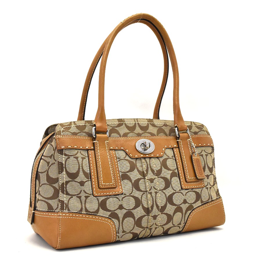 中古 新品同様 コーチ ハンドバッグ レディース キャンバス レザー カーキ キャメル シグネチャー 11596 Coach 送料無料 美品 Maf Gov Ws