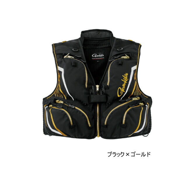≪'25年3月新商品！≫ がまかつ ショートハーフメッシュベスト GM-2332 ブラック×ゴールド Lサイズ