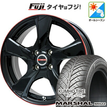 【新品】フリード 5穴/114 オールシーズンタイヤ ホイール4本セット 205/45R17 88 W XL クムホ マーシャル MH22 オールシーズン(限定) プレミックス ヴェランV(グロスブラック/レッドリム) 6.5J 17インチ(送料無料)
